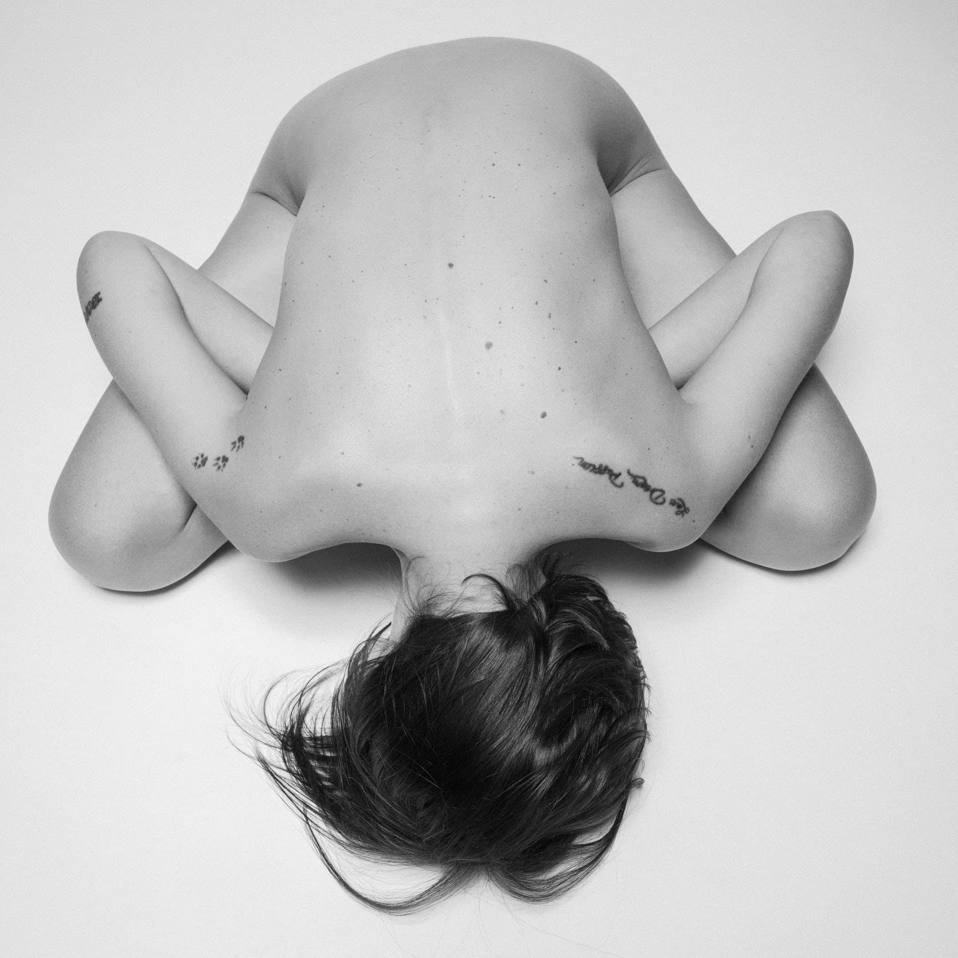 Étude de nu féminin recroquevillée sur fond blanc.